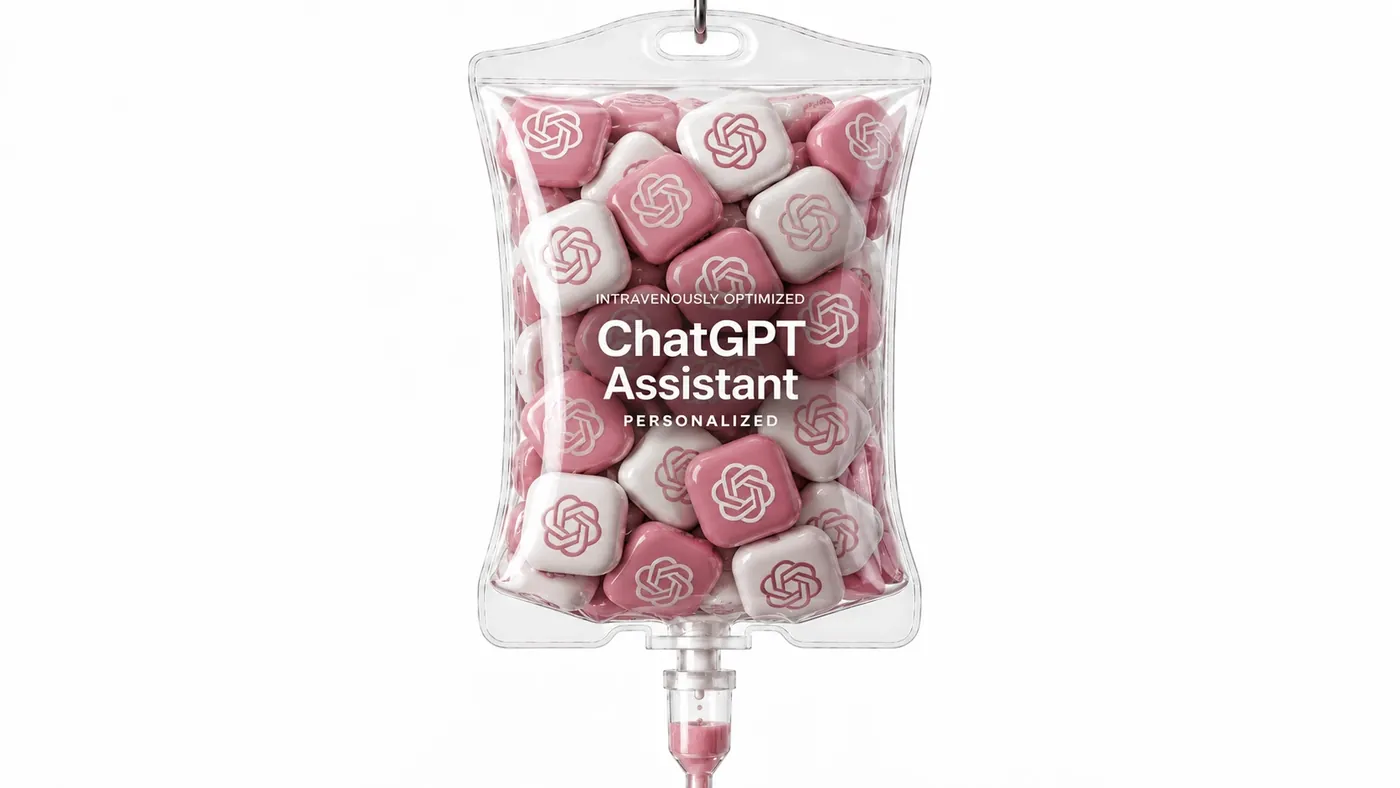 Pink IV bag filled with ChatGPT logo capsules labeled Intravenously Optimized ChatGPT Assistant Personalized